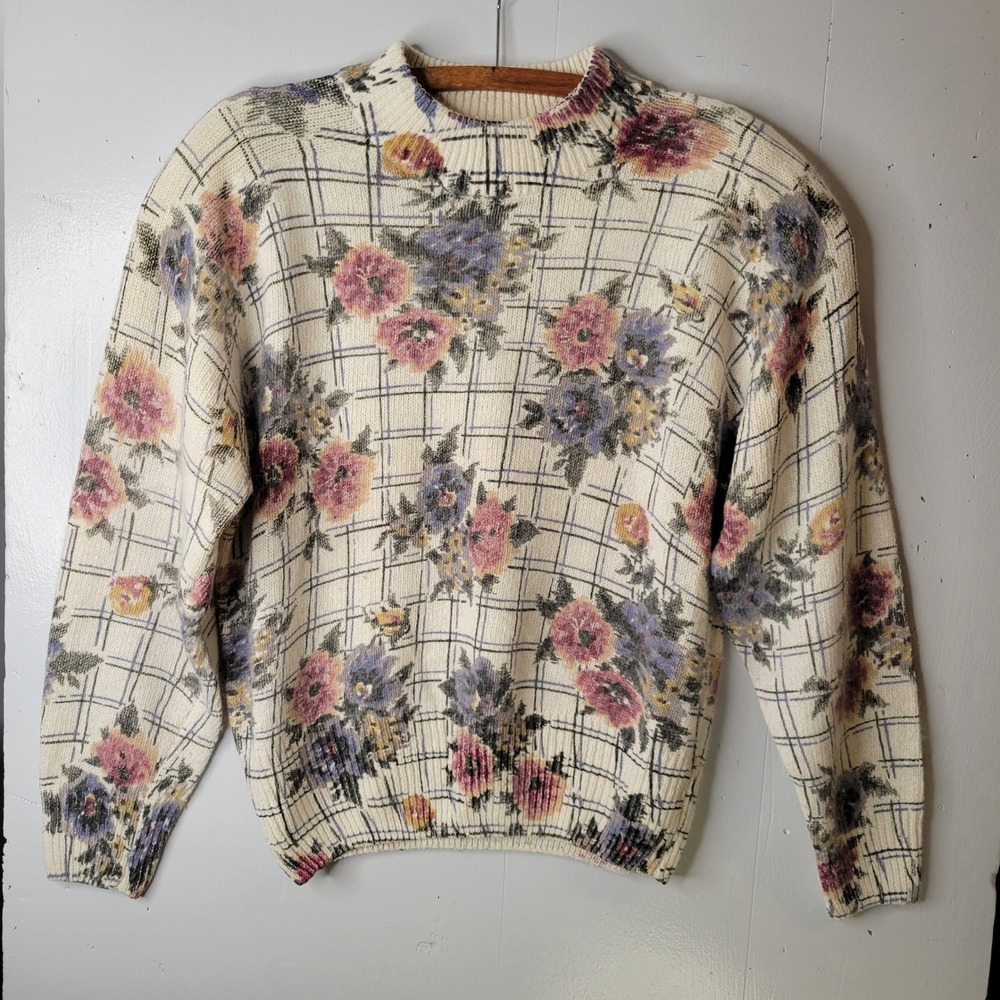 De Rotchild Vintage Floral Silk Angora Blend Mock Neck Sweater‎ Womens Large Lux